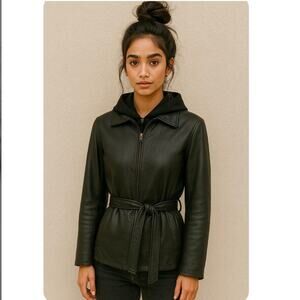 Y2K 90s Minimalist Black Butter Soft Leather Belted Zip Up Jacket Medium